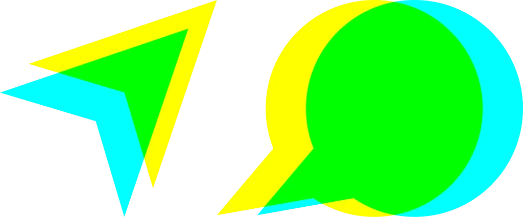 Pfeil-Symbol und zwei überlappende Sprechblasen und Cyan, Gelb und Grün