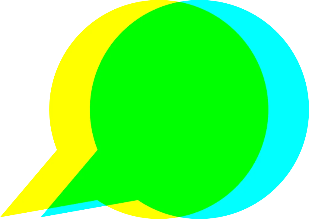 Zwei überlappende Sprechblasen in Gelb und Cyan und Grün